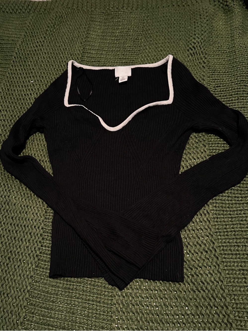 H&M Black Ribbed Long-Sleeve Top with White Trim